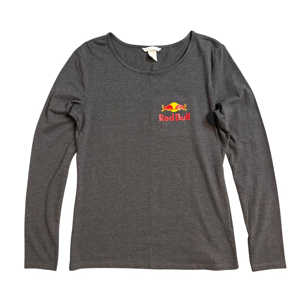H&M Basic Red Bull Long Sleeve Graphic Tee Charcoal Grey Women Size M